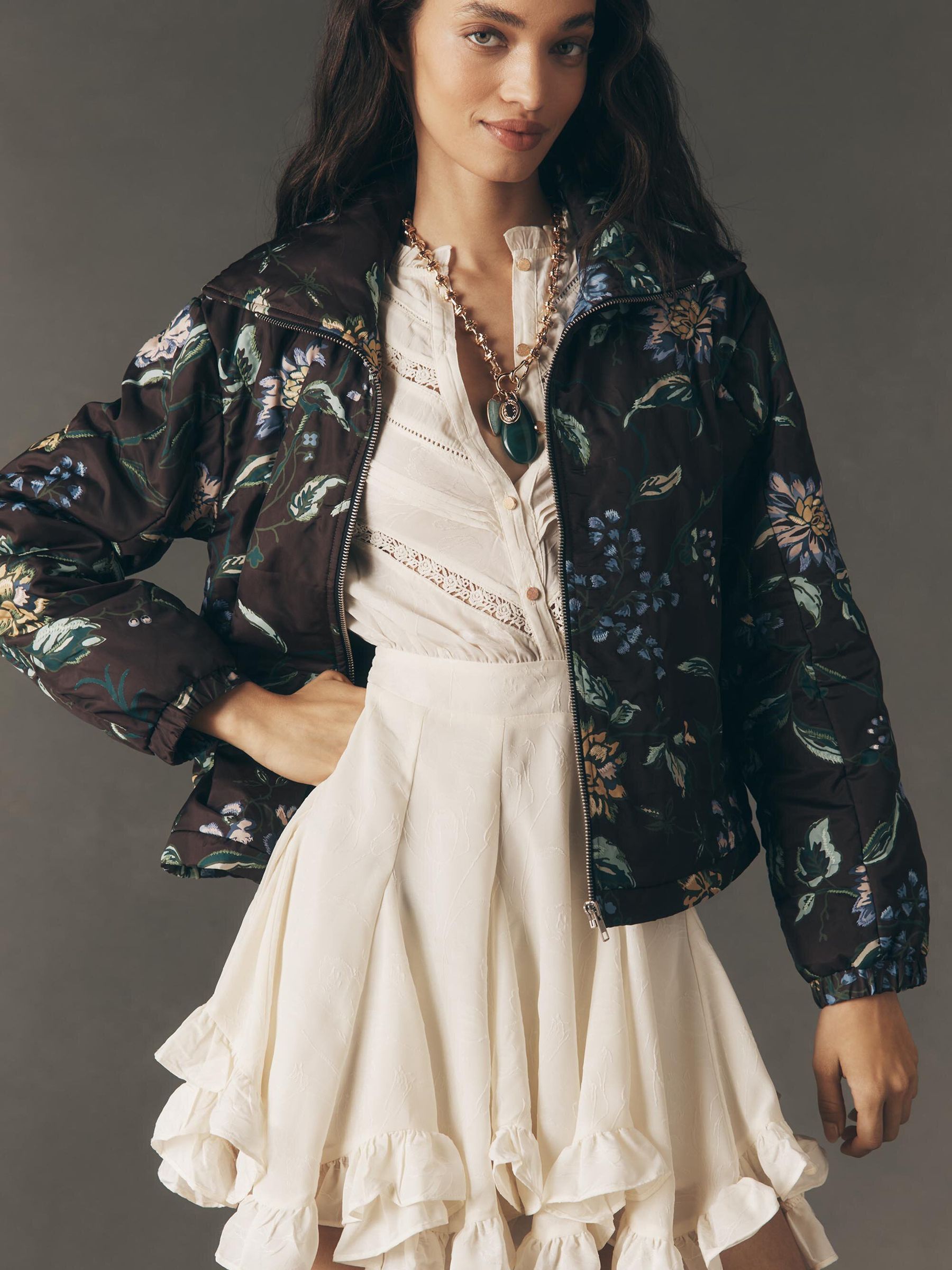 Buy Anthropologie Brown The Dahlia Floral Bomber Jacket from the