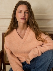Light Pink Boucle Long Sleeve V-Neck Knit Jumper with Wool - Image 1 of 9