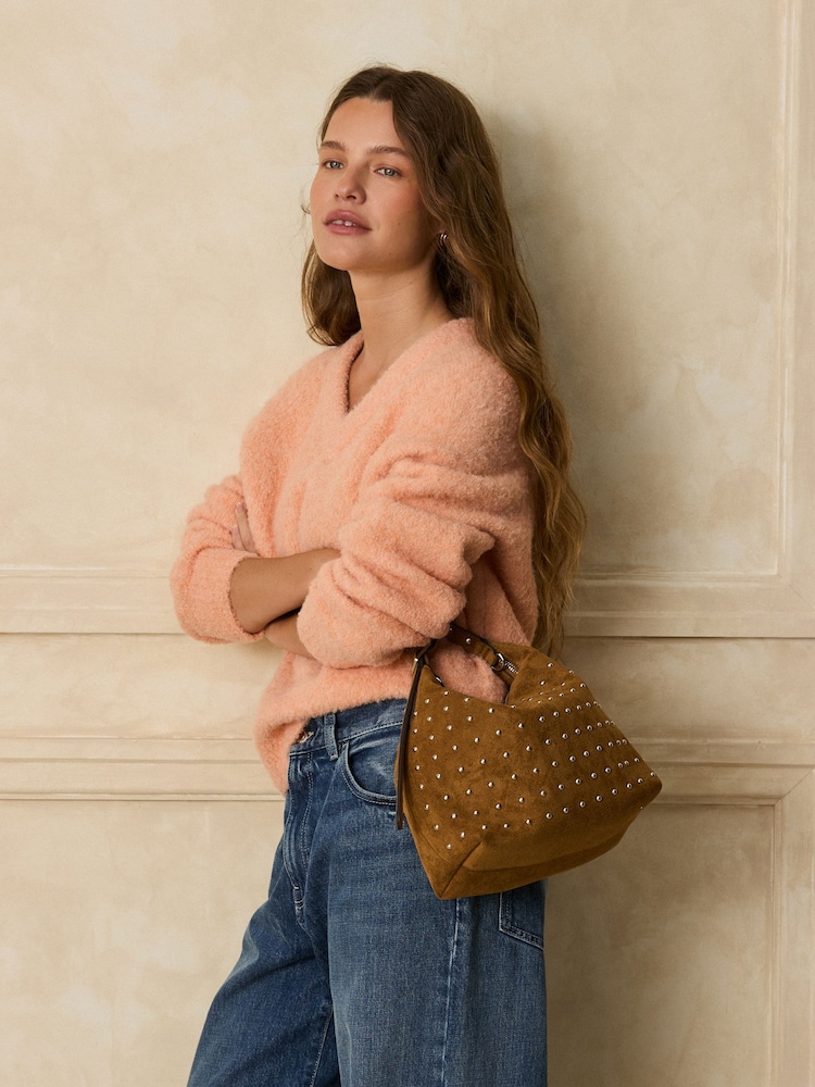 Light Pink Boucle Long Sleeve V-Neck Knit Jumper with Wool - Image 2 of 9
