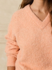 Light Pink Boucle Long Sleeve V-Neck Knit Jumper with Wool - Image 6 of 9