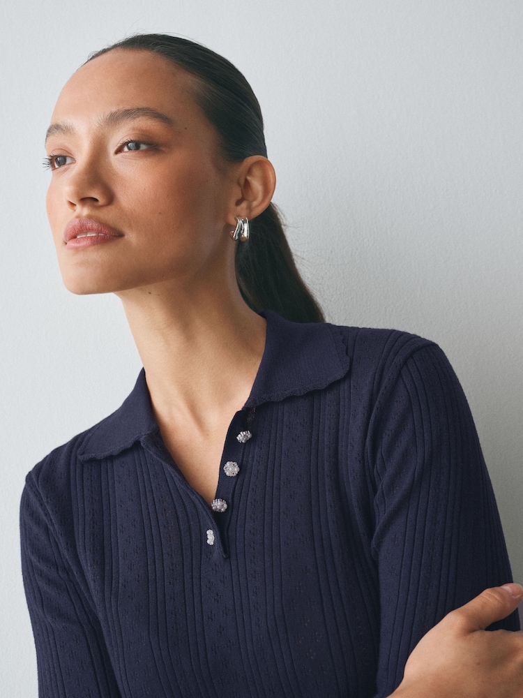 Navy Blue Soft Touch Pointelle Gem Button Knit Polo Long Sleeve Top - Image 1 of 7 Navy Blue Soft Touch Pointelle Gem Button Knit Polo Long Sleeve Top - Image 1 of 7