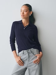 Navy Blue Soft Touch Pointelle Gem Button Knit Polo Long Sleeve Top - Image 2 of 7