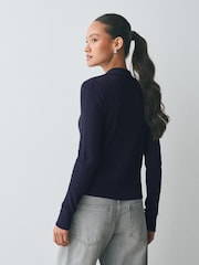 Navy Blue Soft Touch Pointelle Gem Button Knit Polo Long Sleeve Top - Image 3 of 7