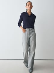 Navy Blue Soft Touch Pointelle Gem Button Knit Polo Long Sleeve Top - Image 4 of 7