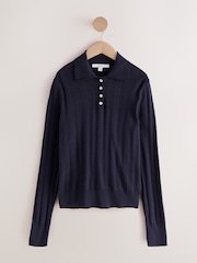 Navy Blue Soft Touch Pointelle Gem Button Knit Polo Long Sleeve Top - Image 5 of 7