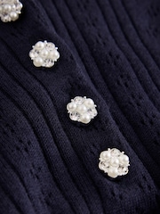 Navy Blue Soft Touch Pointelle Gem Button Knit Polo Long Sleeve Top - Image 6 of 7