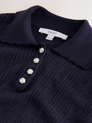 Navy Blue Soft Touch Pointelle Gem Button Knit Polo Long Sleeve Top - Image 7 of 7