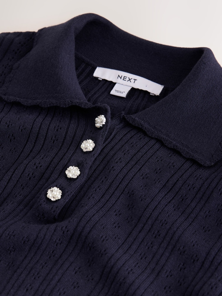 Navy Blue Soft Touch Pointelle Gem Button Knit Polo Long Sleeve Top - Image 7 of 7 Navy Blue Soft Touch Pointelle Gem Button Knit Polo Long Sleeve Top - Image 7 of 7