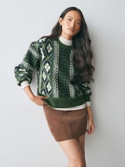 Green ARGYLE Long Sleeve Crew Neck Knitted Jumper With Wool - Image 1 of 8