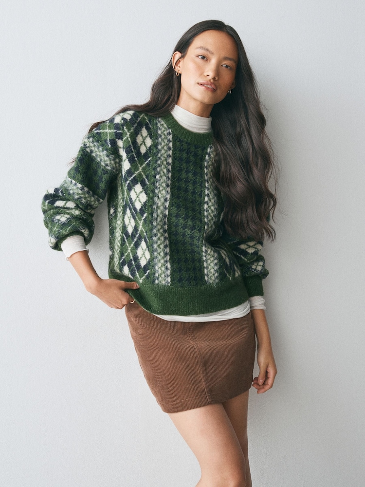 Green ARGYLE Long Sleeve Crew Neck Knitted Jumper With Wool - Image 1 of 8 Green ARGYLE Long Sleeve Crew Neck Knitted Jumper With Wool - Image 1 of 8