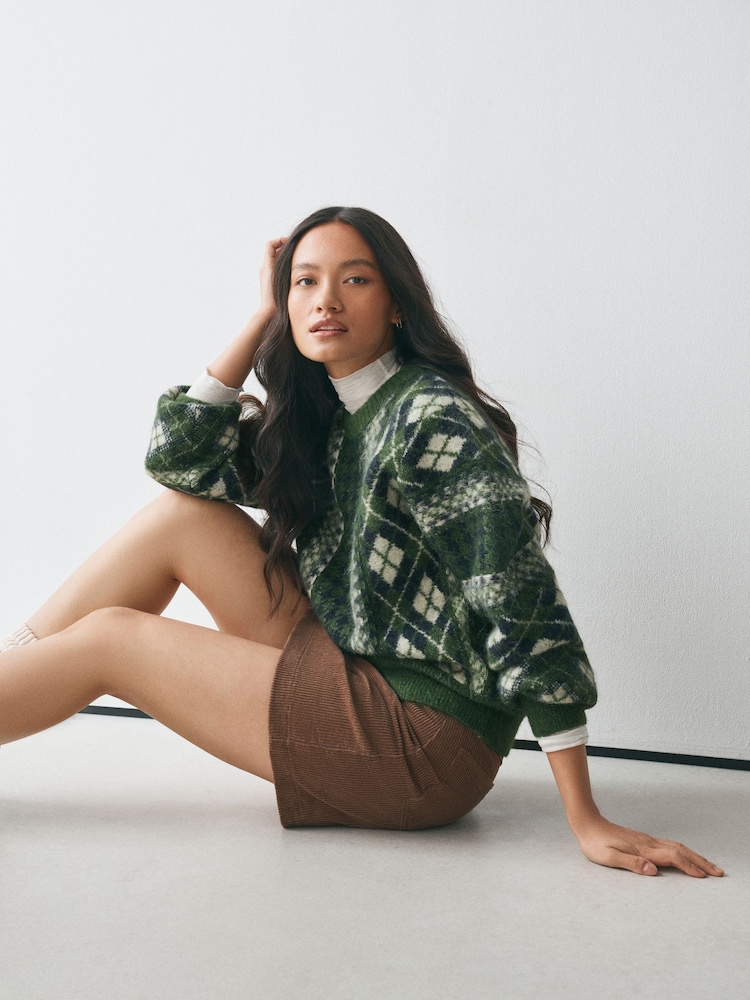 Green ARGYLE Long Sleeve Crew Neck Knitted Jumper With Wool - Image 2 of 8 Green ARGYLE Long Sleeve Crew Neck Knitted Jumper With Wool - Image 2 of 8