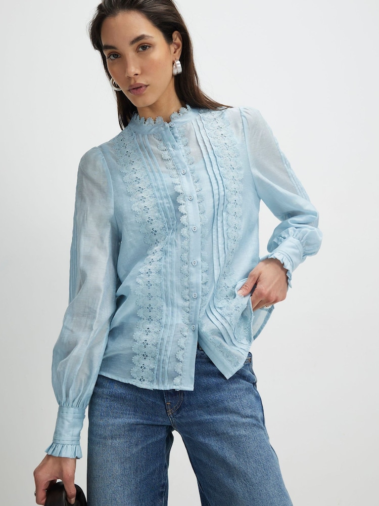River Island Blue Long Sleeve Broderie Shirt - Image 1 of 4