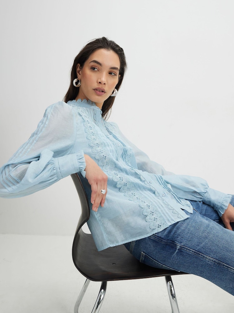 River Island Blue Long Sleeve Broderie Shirt - Image 2 of 4