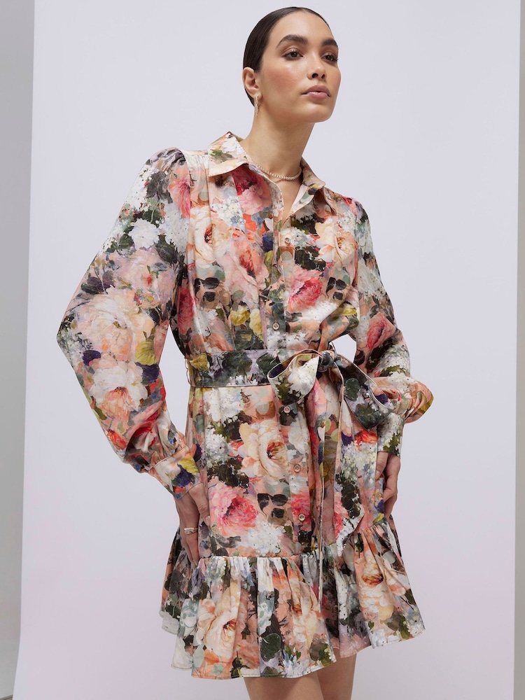 River Island Pink Long Sleeve Floral Belted Shirt Dress - Image 2 of 4