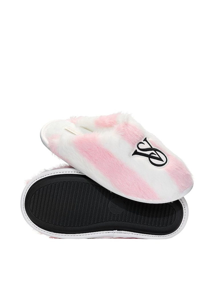 Victoria's Secret Iconic Stripe Pink Closed Toe Faux Fur Slippers - Image 1 of 2