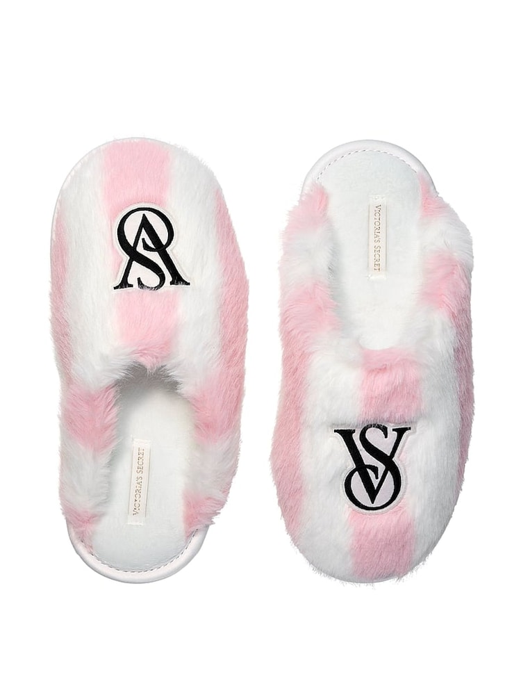 Victoria's Secret Iconic Stripe Pink Closed Toe Faux Fur Slippers - Image 2 of 2