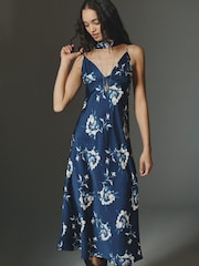 Anthropologie Maeve Printed V-Neck A-Line Midi Blue Dress - Image 1 of 4