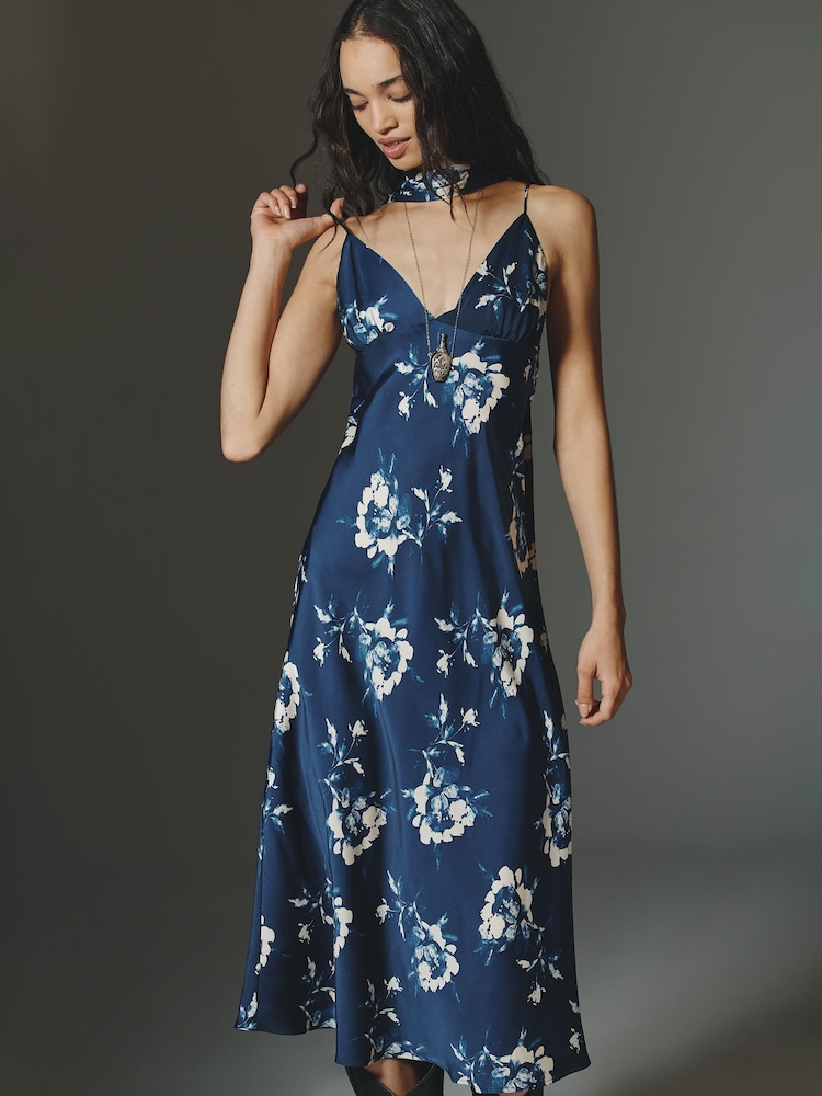 Anthropologie Maeve Printed V-Neck A-Line Midi Blue Dress - Image 1 of 4