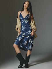 Anthropologie Maeve Printed V-Neck A-Line Midi Blue Dress - Image 2 of 4
