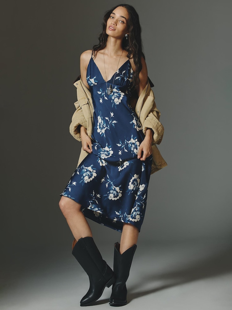 Anthropologie Maeve Printed V-Neck A-Line Midi Blue Dress - Image 2 of 4