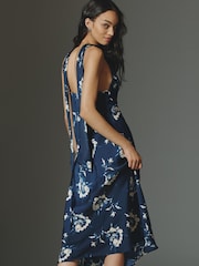 Anthropologie Maeve Printed V-Neck A-Line Midi Blue Dress - Image 3 of 4