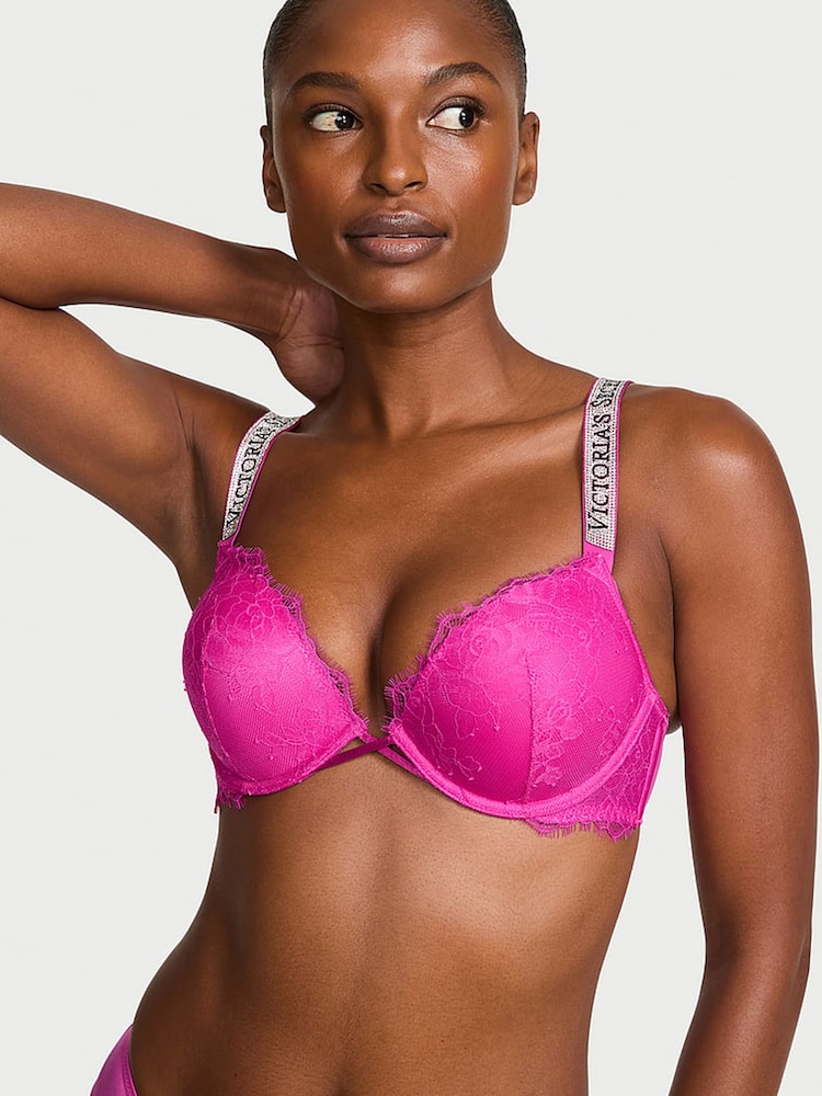 Victoria's Secret Pink Fire Add 2 Cups Push Up Bombshell Lace Shine Strap Bra - Image 1 of 2
