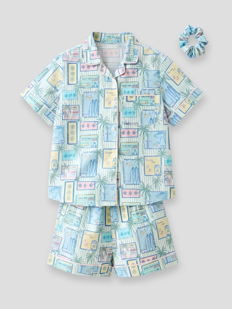 Angel & Rocket Green Petra Multi Postcard Print Shirt & Short Pyjamas - Image 1 of 2