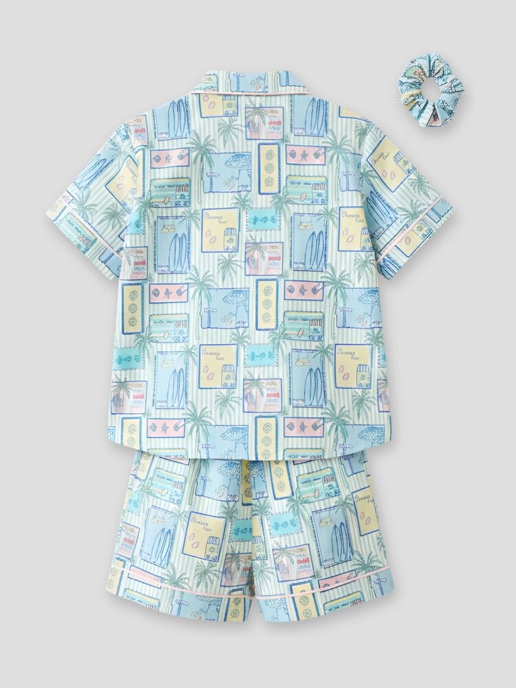 Angel & Rocket Green Petra Multi Postcard Print Shirt & Short Pyjamas - Image 5 of 5 Angel & Rocket Green Petra Multi Postcard Print Shirt & Short Pyjamas - Image 5 of 5