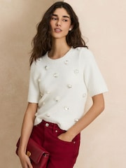 Ecru Crew Neck Short Sleeve Embellished Knit Jumper - Image 1 of 7