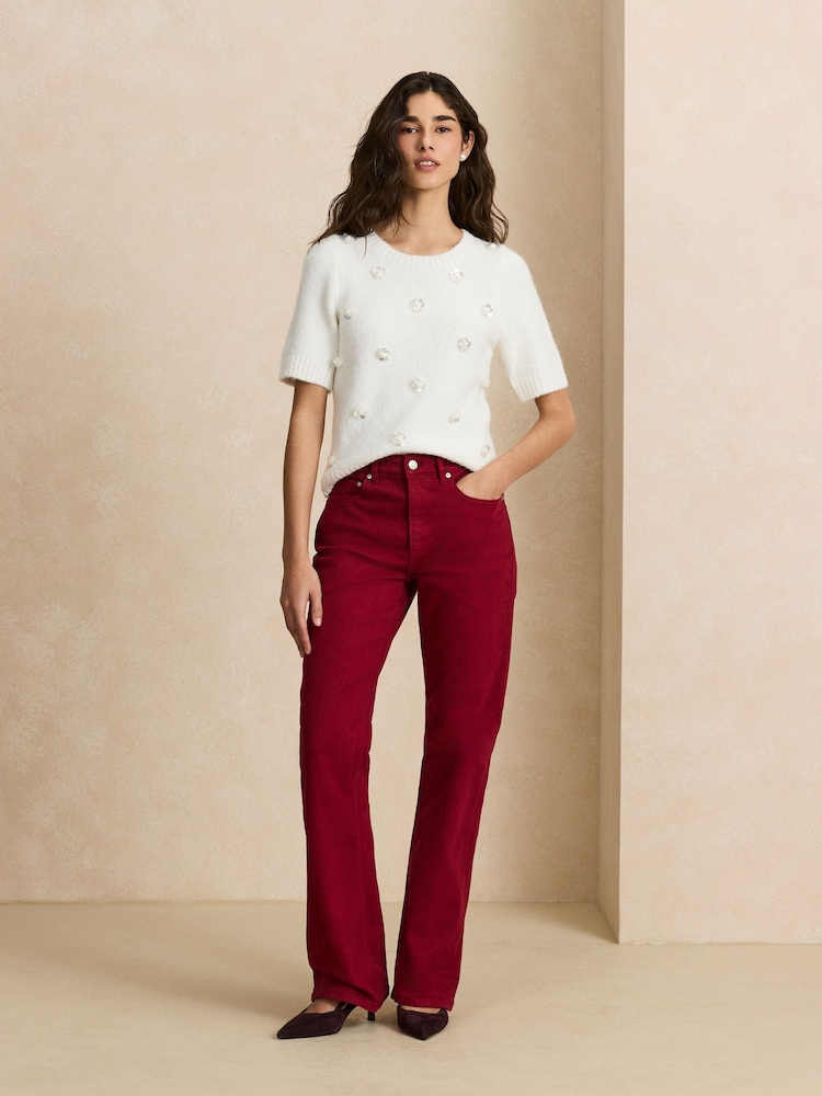 Ecru Crew Neck Short Sleeve Embellished Knit Jumper - Image 2 of 7 Ecru Crew Neck Short Sleeve Embellished Knit Jumper - Image 2 of 7