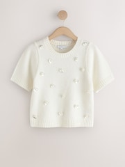 Ecru Crew Neck Short Sleeve Embellished Knit Jumper - Image 5 of 7
