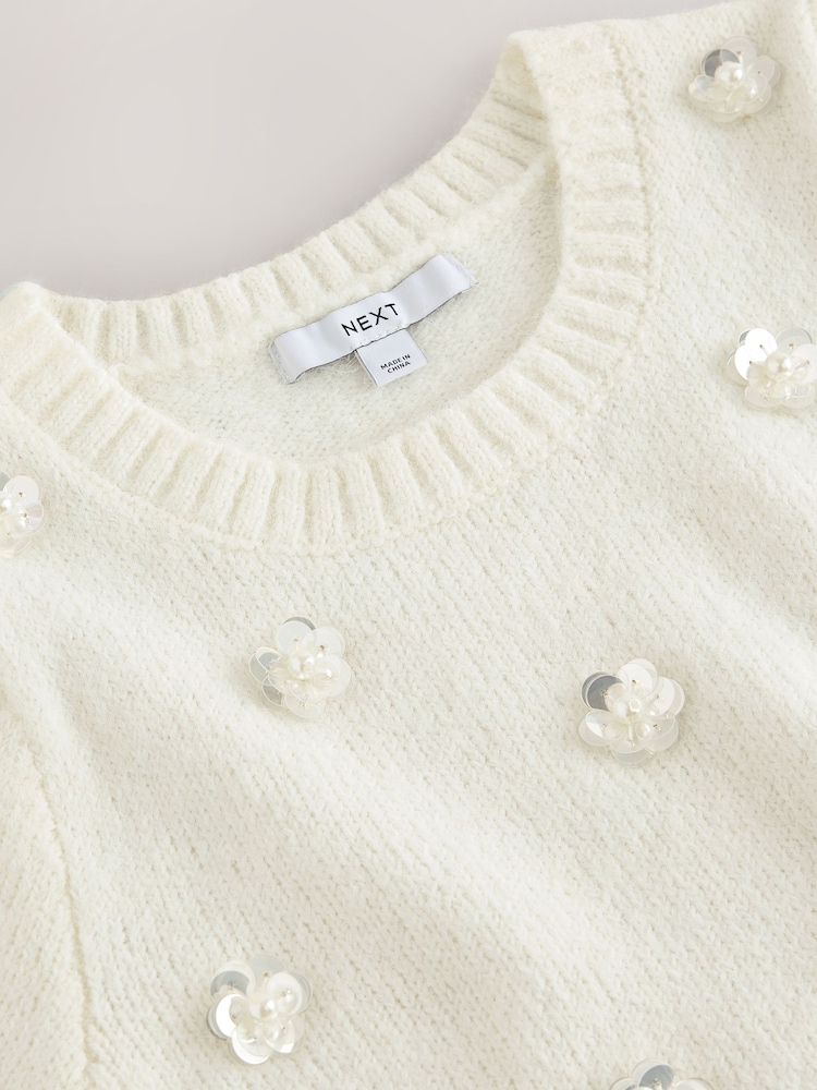 Ecru Crew Neck Short Sleeve Embellished Knit Jumper - Image 7 of 7 Ecru Crew Neck Short Sleeve Embellished Knit Jumper - Image 7 of 7