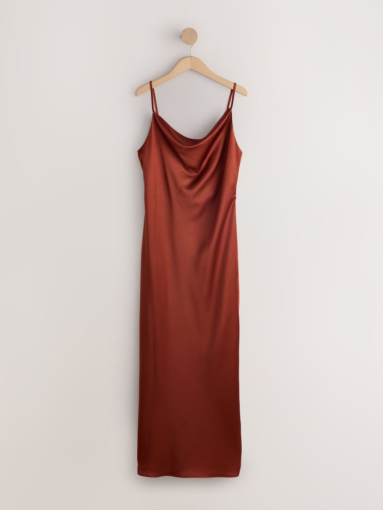 Rust Brown Satin Cowl Neck Wedding Guest Bridesmaid Maxi Dress - Image 1 of 3 Rust Brown Satin Cowl Neck Wedding Guest Bridesmaid Maxi Dress - Image 1 of 3