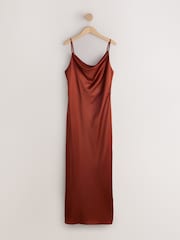 Rust Brown Satin Cowl Neck Wedding Guest Bridesmaid Maxi Dress - Image 4 of 6