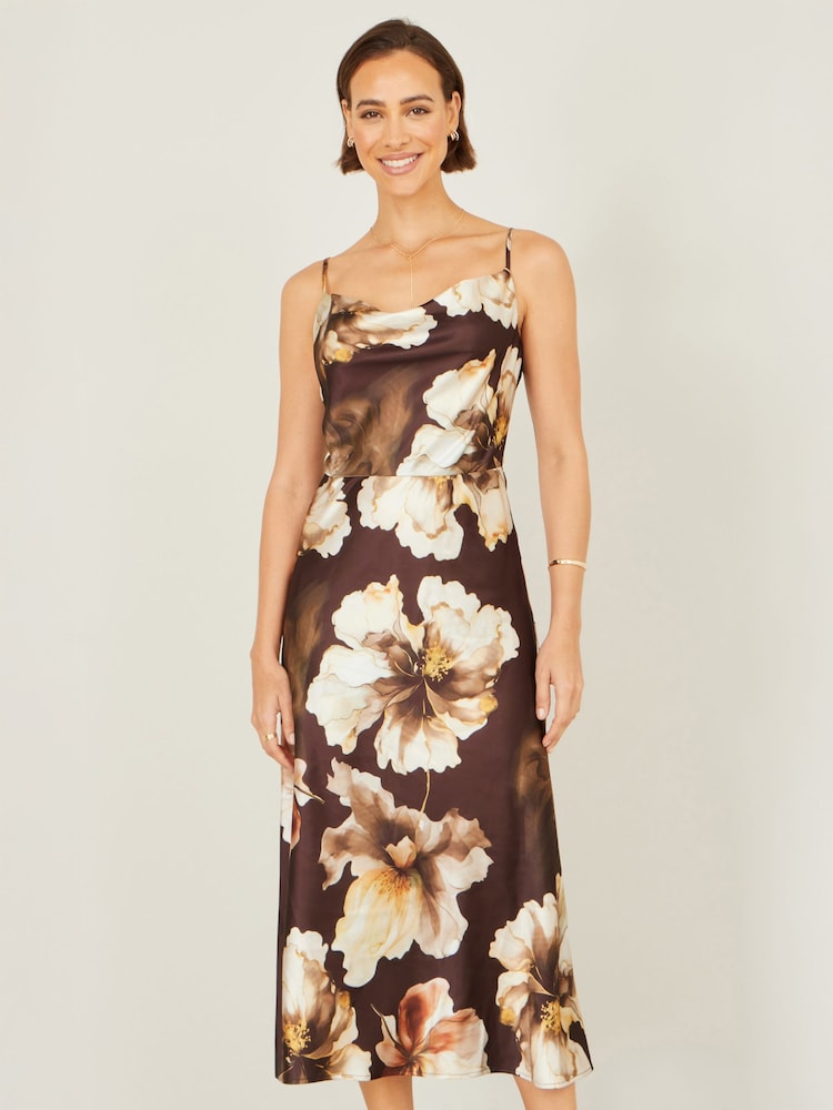 Yumi Brown Cowl Neck Satin Floral Dress - Image 1 of 5 Yumi Brown Cowl Neck Satin Floral Dress - Image 1 of 5
