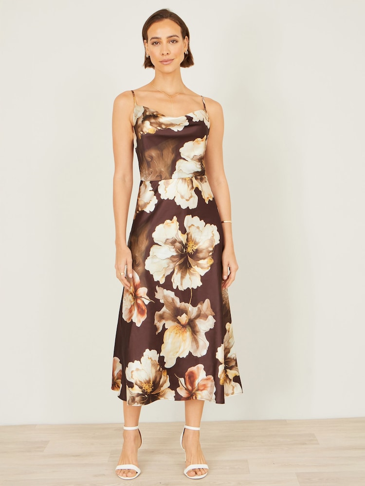 Yumi Brown Cowl Neck Satin Floral Dress - Image 2 of 5 Yumi Brown Cowl Neck Satin Floral Dress - Image 2 of 5