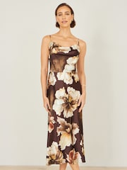 Yumi Brown Cowl Neck Satin Floral Dress - Image 4 of 5