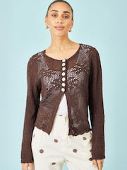 Yumi Brown Flower Crochet Button Up Cardigan - Image 1 of 5