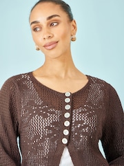 Yumi Brown Flower Crochet Button Up Cardigan - Image 4 of 5