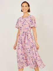Yumi Pink Blossom Skater Midi Dress With Angel Sleeves - Image 1 of 5