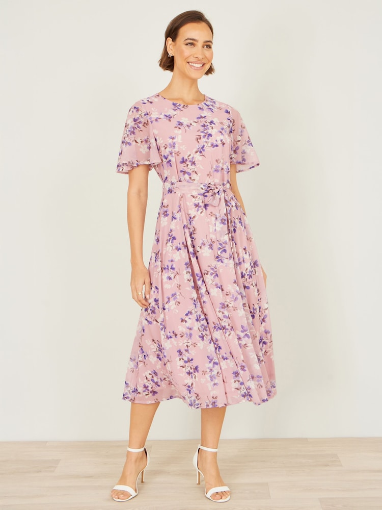 Yumi Pink Blossom Skater Midi Dress With Angel Sleeves - Image 2 of 5