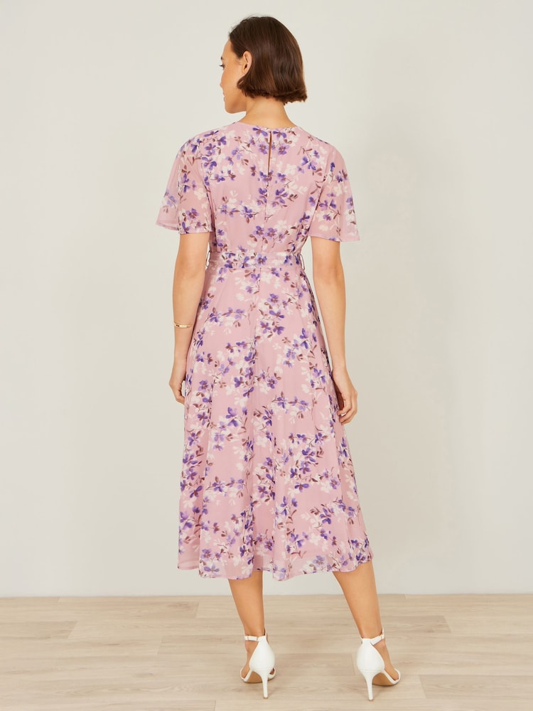 Yumi Pink Blossom Skater Midi Dress With Angel Sleeves - Image 5 of 5