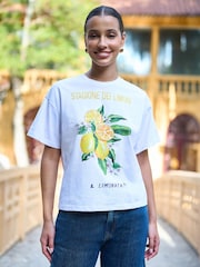 Yumi White Retro Relaxed Lemon Print Cotton T-Shirt - Image 1 of 3