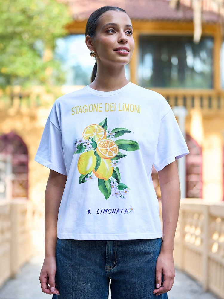 Yumi White Retro Relaxed Lemon Print Cotton T-Shirt - Image 2 of 3