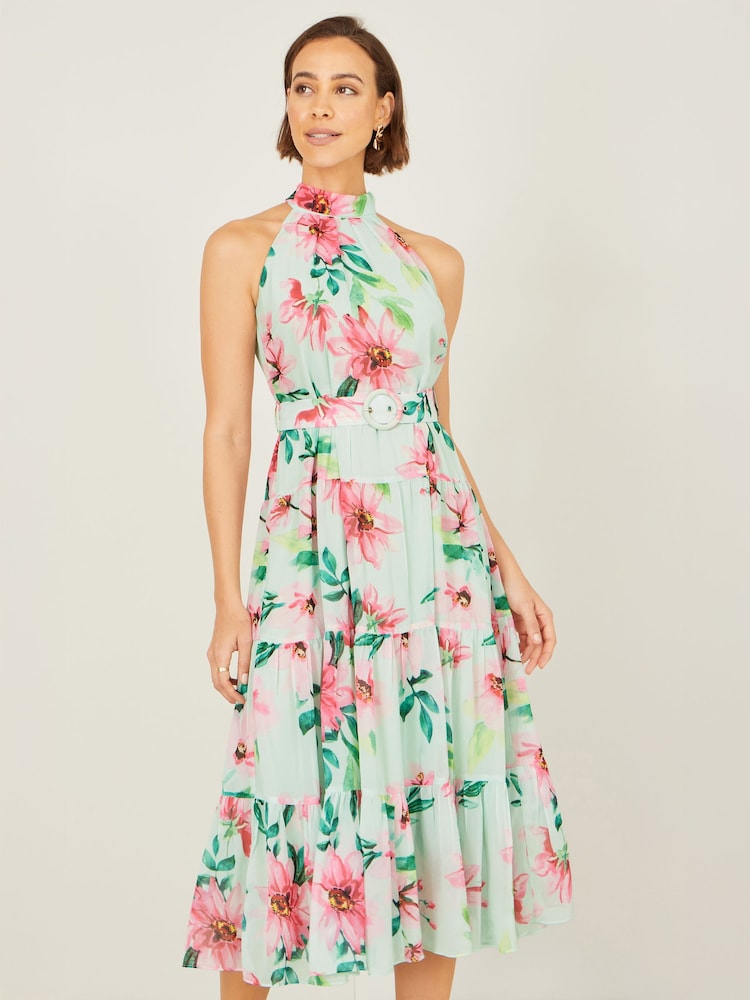 Yumi Green Floral Halter Neck Midi Dress With Matching Belt - Image 1 of 5