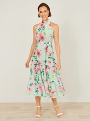 Yumi Green Floral Halter Neck Midi Dress With Matching Belt - Image 2 of 5