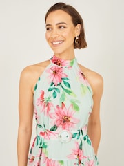 Yumi Green Floral Halter Neck Midi Dress With Matching Belt - Image 4 of 5