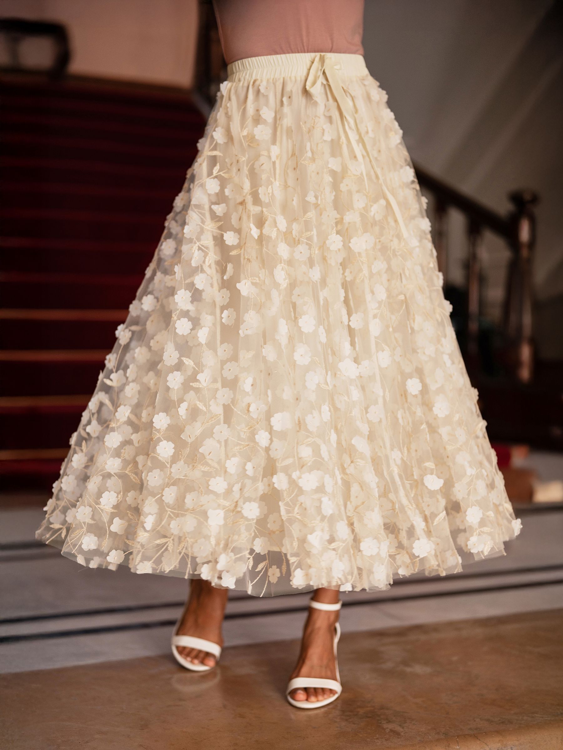 Buy Yumi Cream Mesh Floral Applique Midi Skirt from Next USA