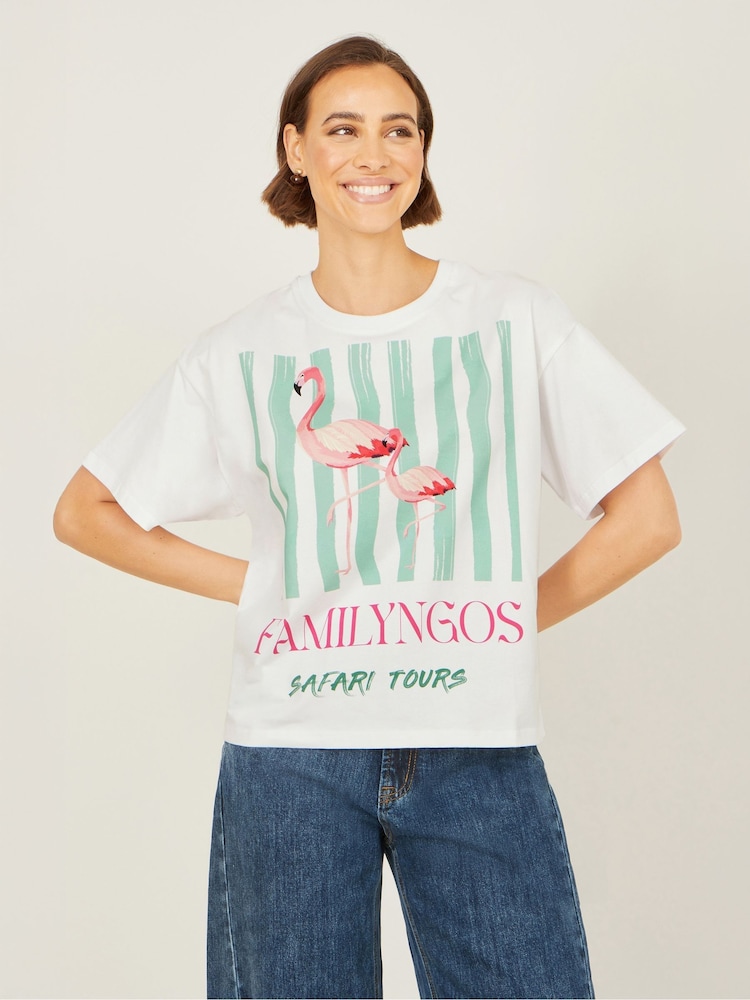Yumi White Retro Relaxed Flamingo Cotton T-Shirt - Image 1 of 4