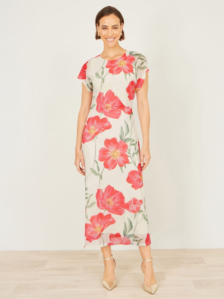 Yumi Cream Poppy Print Midi Mesh Dress - Image 2 of 5
